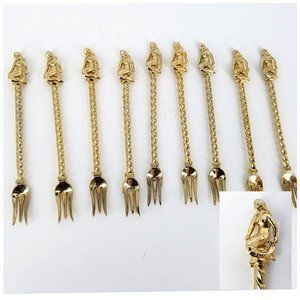 Mermaid Shrimp Crab Olive Fork Cocktail Gold Plated Serving Party Lot of 9 Food